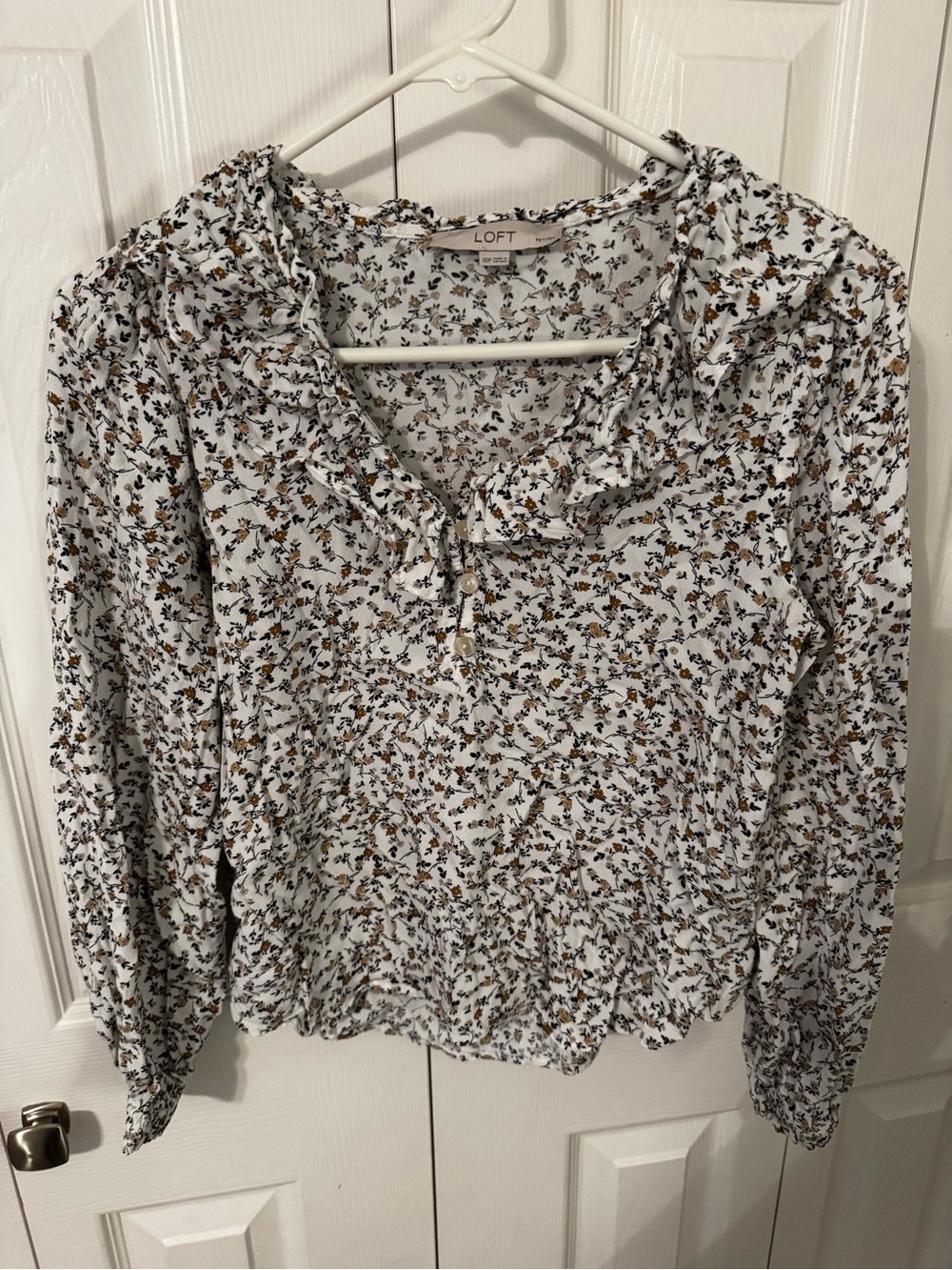 LOFT White Floral Ruffle Henley Blouse